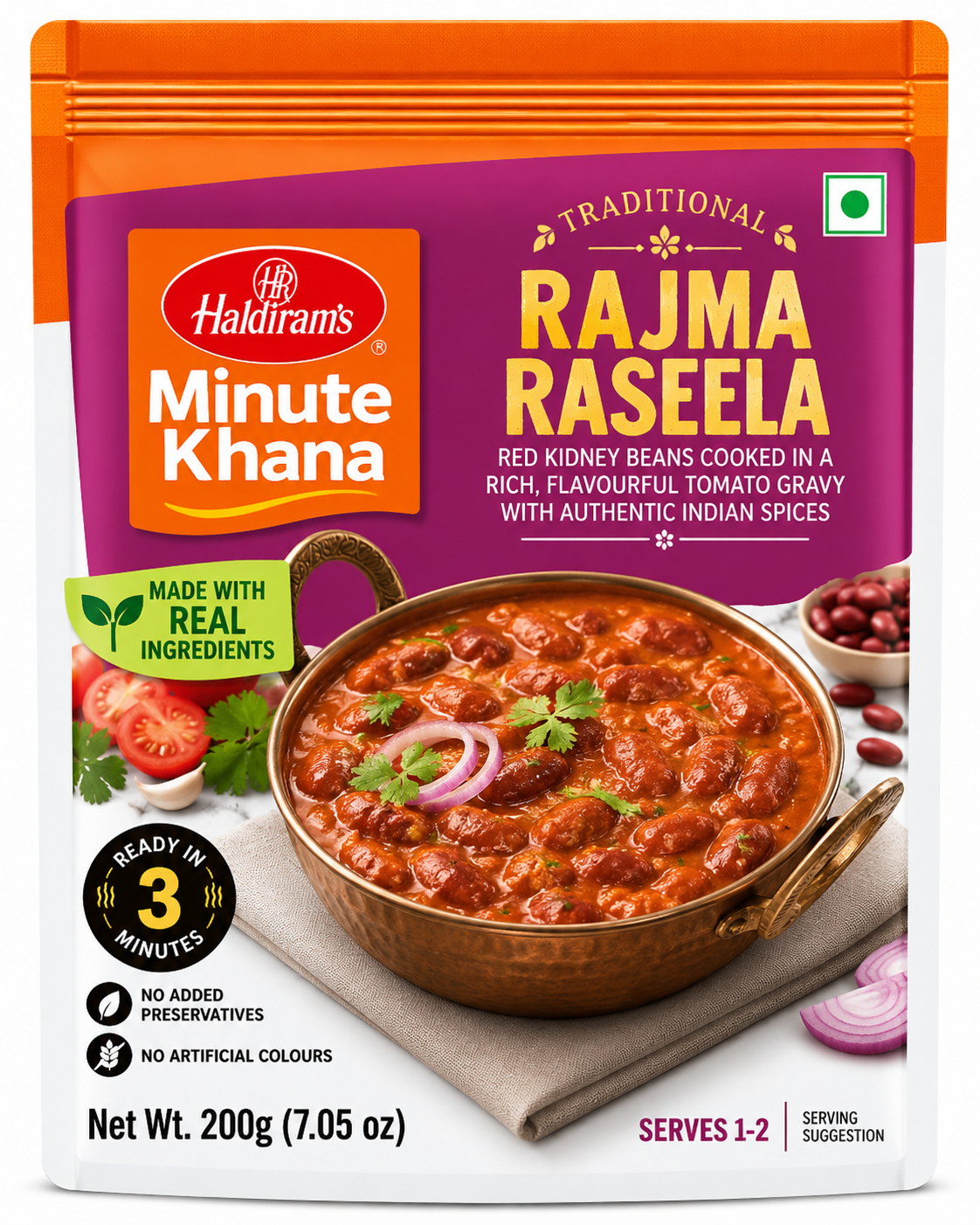 Haldiram’s Minute Khana Rajma Raseela 200g ready-to-eat Indian red kidney bean curry in rich tomato gravy, in magenta and orange packaging.