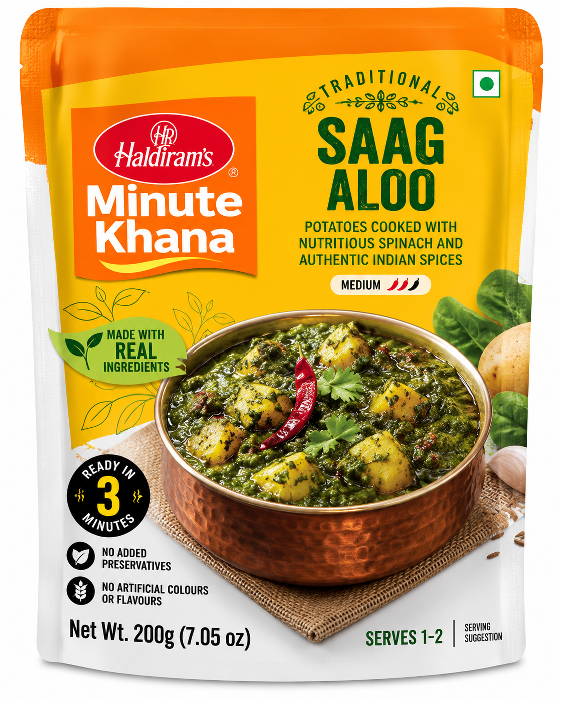 Haldiram’s Minute Khana Saag Aloo 200g ready-to-eat Indian curry featuring potatoes cooked with spinach and aromatic spices in yellow and orange packaging.