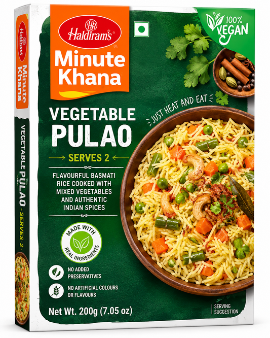 Haldiram’s Minute Khana Vegetable Pulao 200g basmati rice with mixed vegetables, peas, carrots and aromatic Indian spices in green and orange packaging.