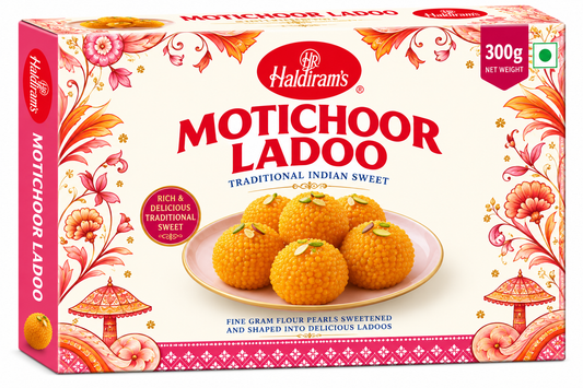 Haldiram’s Motichoor Ladoo 300g traditional Indian sweet made from fine gram flour pearls, featuring orange ladoos in decorative pink and cream packaging.