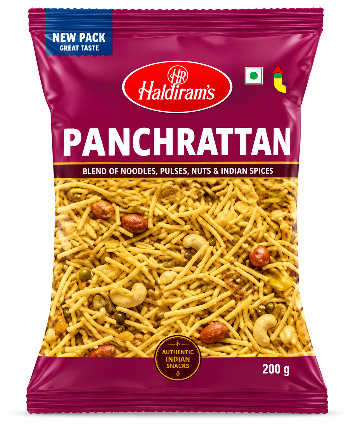 Haldiram Panchrattan 200g savoury snack mix packet displayed upright on a clean white background.