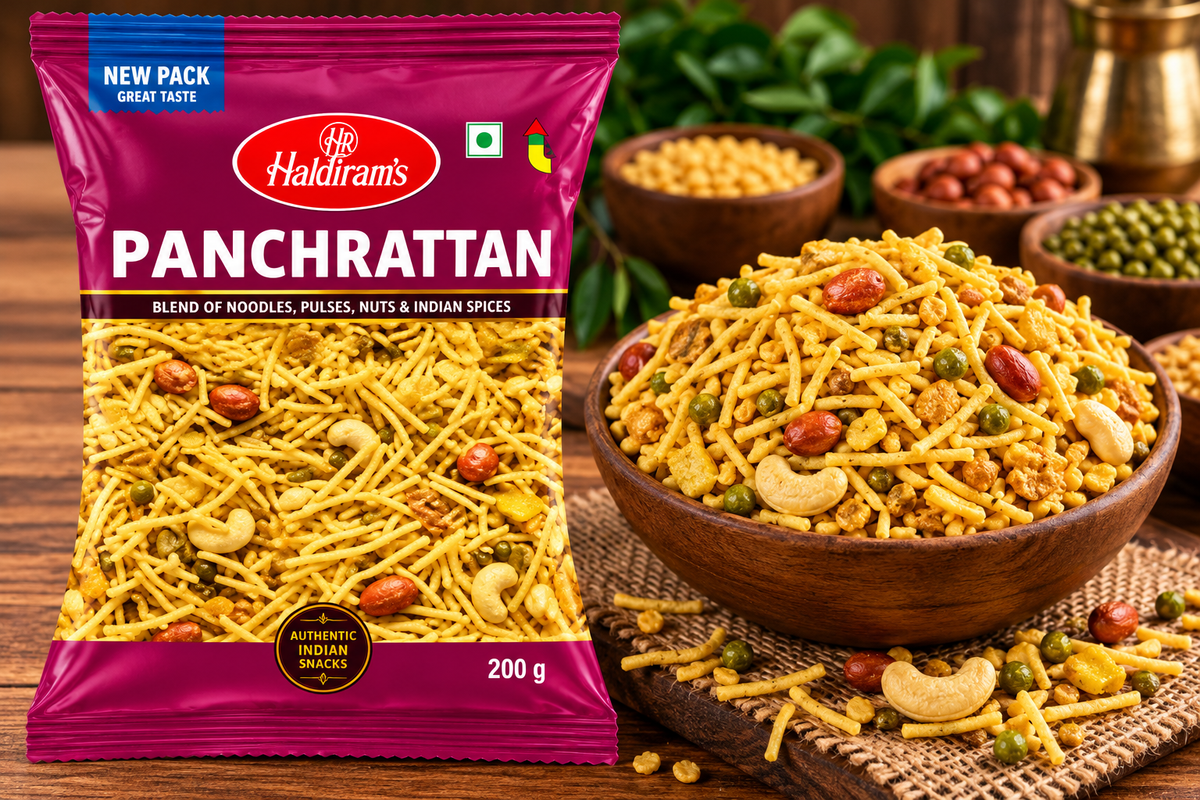 Haldiram Panchrattan 200g snack packet displayed beside a wooden bowl of crunchy savoury mix with nuts, pulses and sev in a traditional food setting.