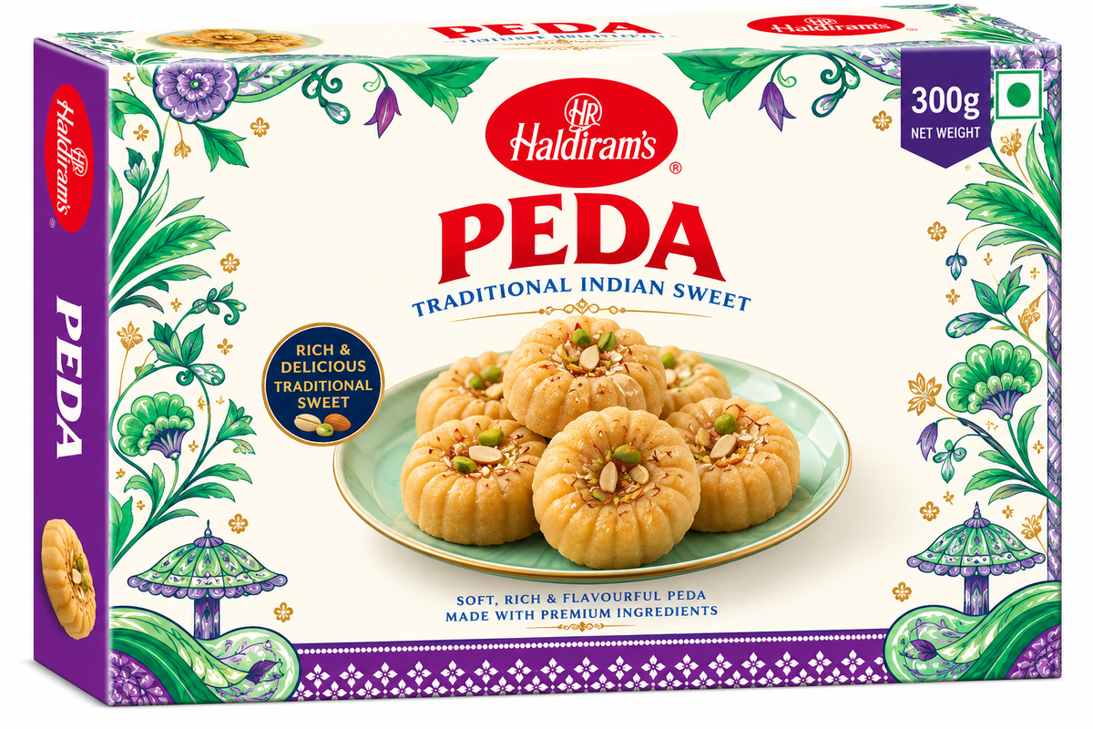 Haldiram’s Peda 300g traditional Indian milk sweets garnished with nuts in decorative cream, green and purple packaging.