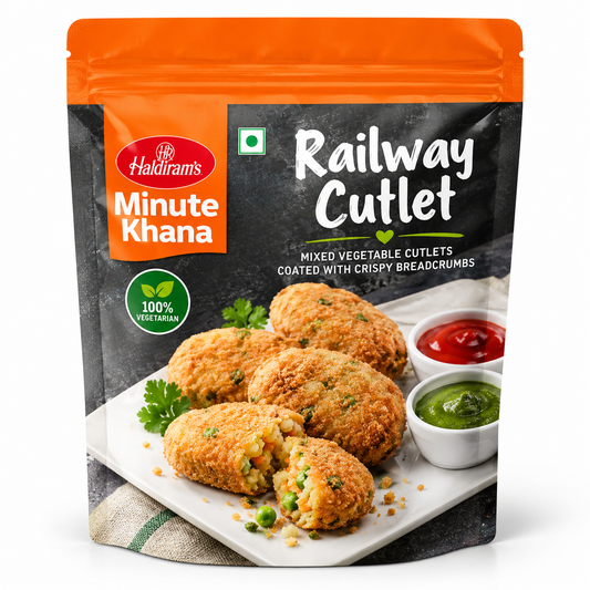 Haldiram’s Minute Khana Railway Cutlet 360g pouch featuring orange and black packaging, crispy golden mixed vegetable cutlets with a breadcrumb coating, fresh coriander, tomato ketchup, and green chutney.