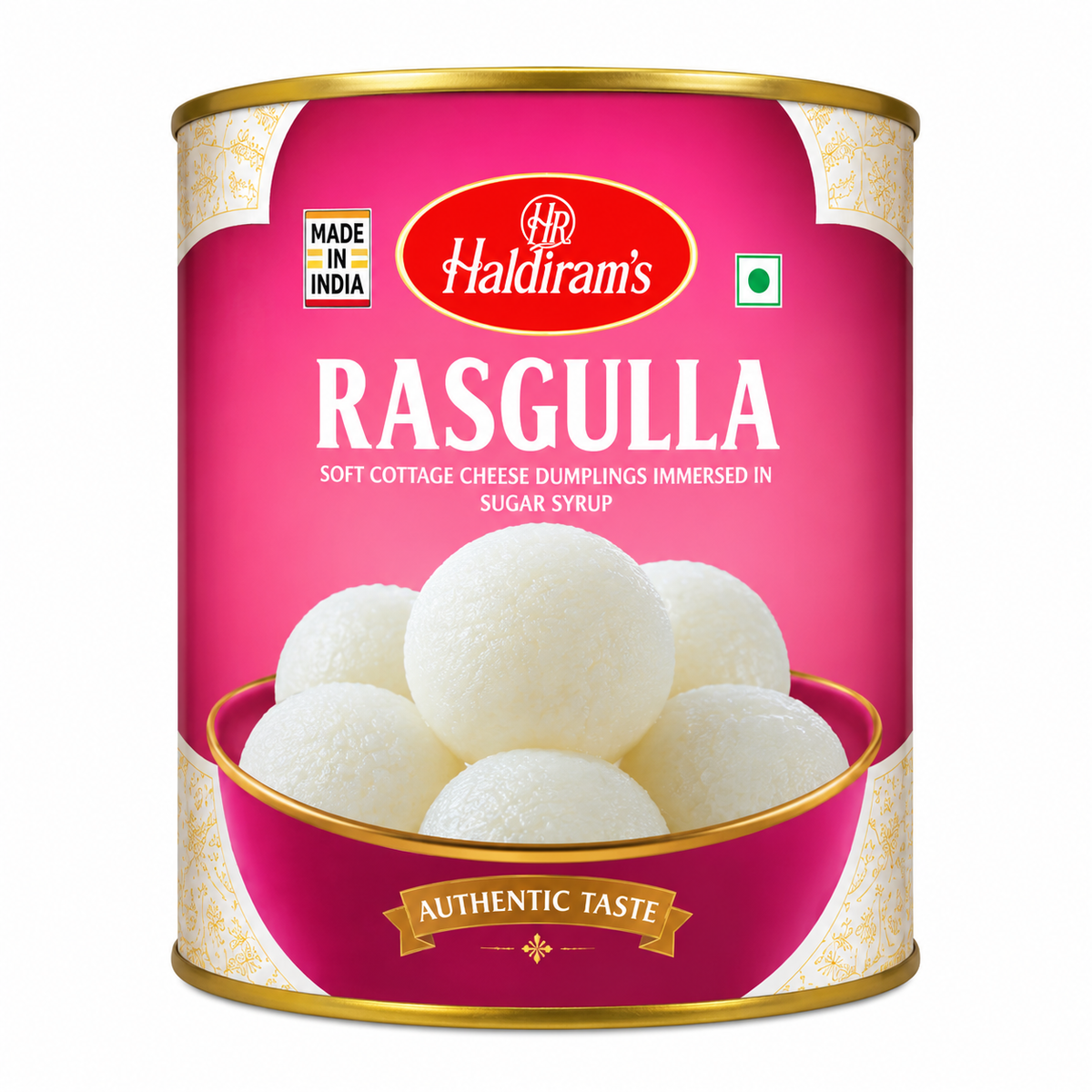 Haldiram Rasgulla 1kg tin with pink and gold packaging displayed upright on a clean white background.