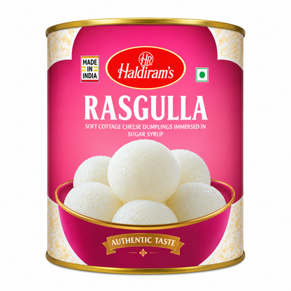 Haldiram Rasgulla 1kg tin with pink and gold packaging displayed upright on a clean white background.