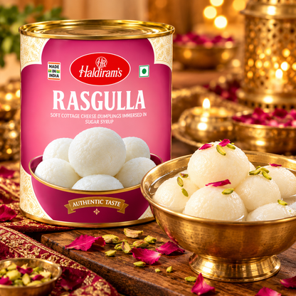 Haldiram Rasgulla 1kg tin displayed beside a brass bowl of white rasgullas in sugar syrup, garnished with pistachios and rose petals in a warm traditional Indian dessert setting.