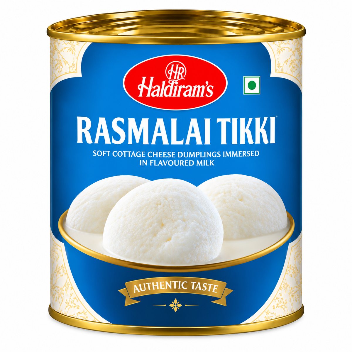 Haldiram Rasmalai Tikki 1kg tin with blue and gold packaging, featuring white rasmalai dumplings, displayed upright on a clean white background.