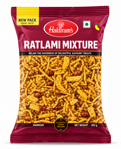 Haldiram Ratlami Sev 200g snack packet in maroon packaging displayed upright on a clean white background.