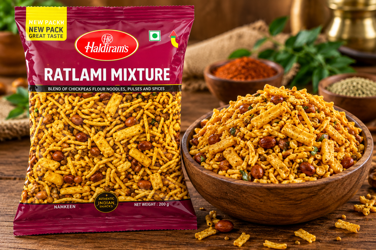 Haldiram Ratlami Sev 200g packet displayed beside a wooden bowl of golden savoury mixture with sev, crunchy snack pieces and peanuts in a rustic food setting.