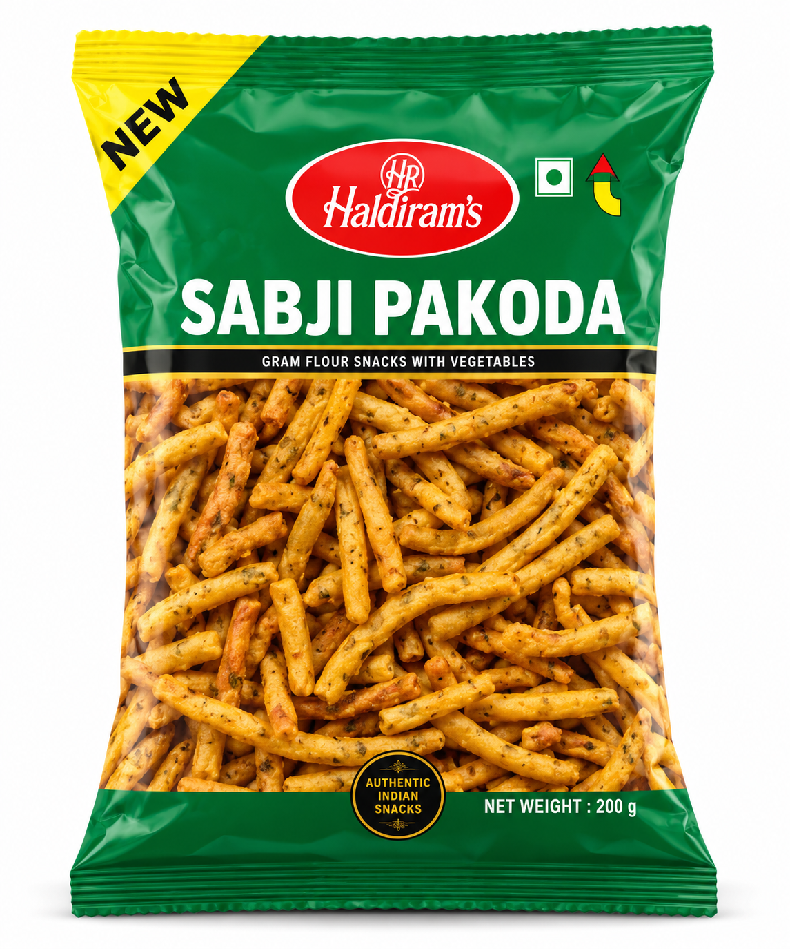 Haldiram Sabji Pakora 200g green snack packet displayed upright on a clean white background.