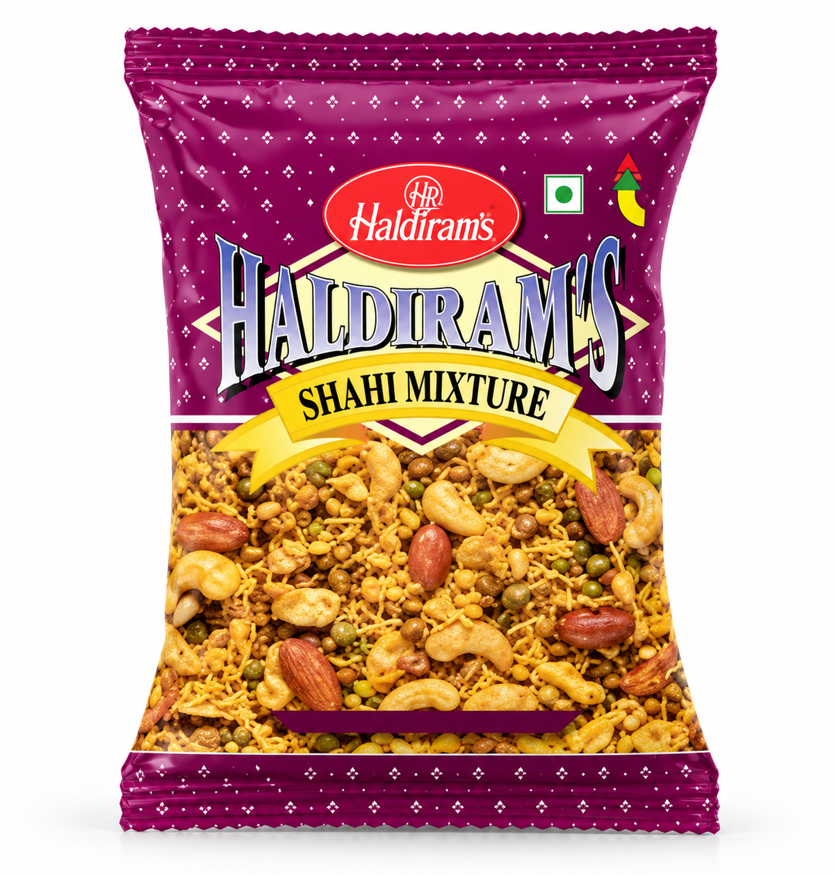 Haldiram Shahi Mixture 200g purple snack packet displayed upright on a clean white background.