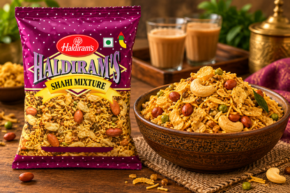 Haldiram Shahi Mixture 200g packet displayed beside a bowl of savoury mixture with sev, nuts and crunchy snack pieces on a rustic wooden table.