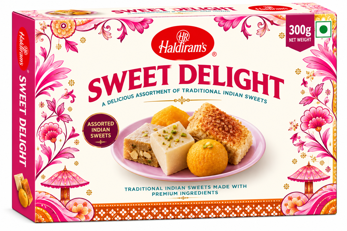 Haldiram’s Sweet Delight 300g assorted traditional Indian sweets, including ladoo and burfi, in decorative pink, cream and gold packaging.