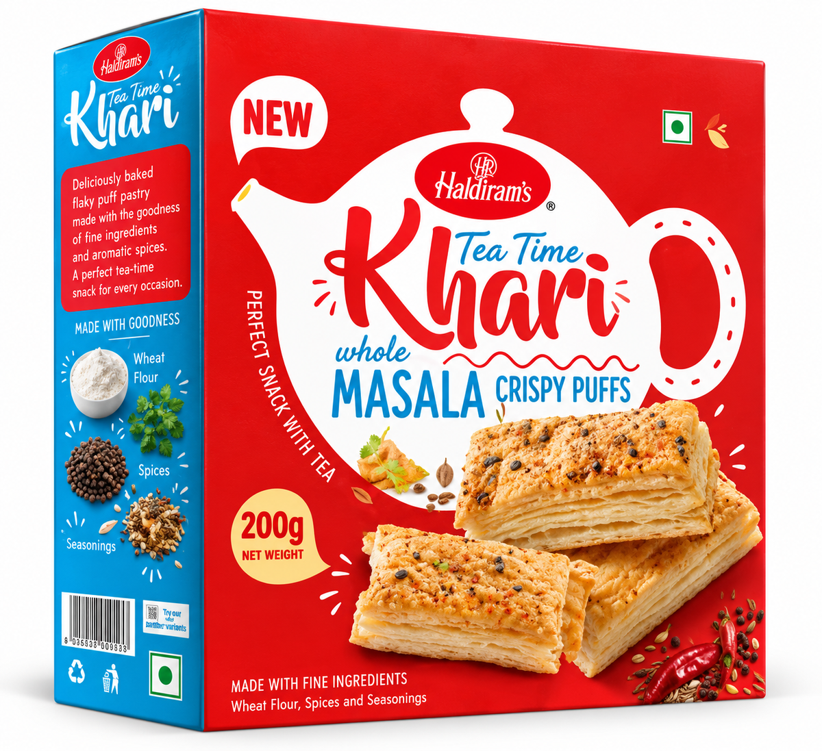 Haldiram’s Tea Time Masala Khari Crispy Puffs 200g featuring flaky golden puff pastries seasoned with aromatic Indian spices in red and blue packaging.