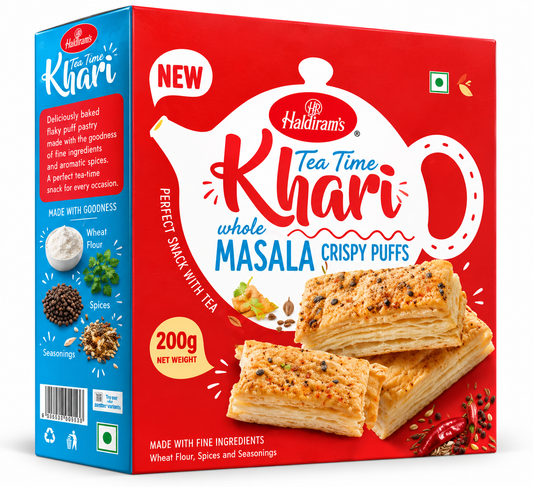 Haldiram’s Tea Time Masala Khari Crispy Puffs 200g featuring flaky golden puff pastries seasoned with aromatic Indian spices in red and blue packaging.