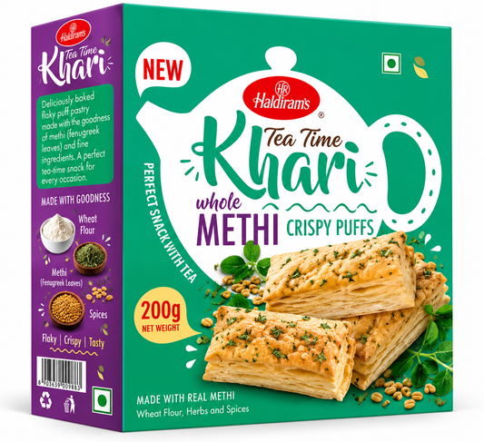 Haldiram’s Tea Time Methi Khari Crispy Puffs 200g featuring flaky golden puff pastries flavoured with fenugreek leaves and Indian spices in green and purple packaging.