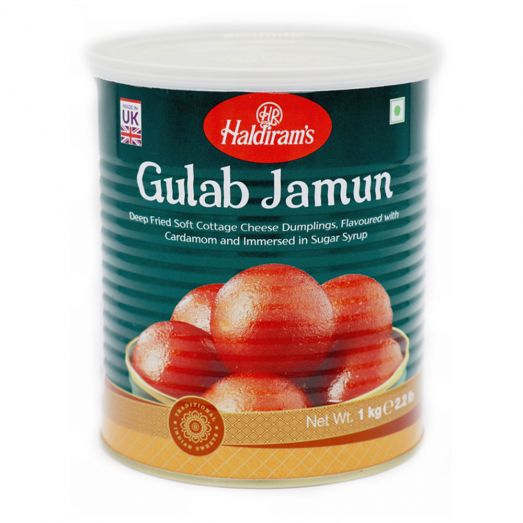 Haldiram’s Gulab Jamun 1kg tin with green label and image of golden-brown gulab jamun balls in sugar syrup, deep-fried cottage cheese dumplings, made in UK.
