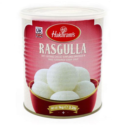 Haldiram’s Rasgulla 1kg tin with red label and image of white rasgulla balls in syrup, soft cottage cheese dumplings, made in UK.