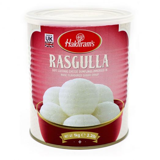 Haldiram’s Rasgulla 1kg tin with red label and image of white rasgulla balls in syrup, soft cottage cheese dumplings, made in UK.