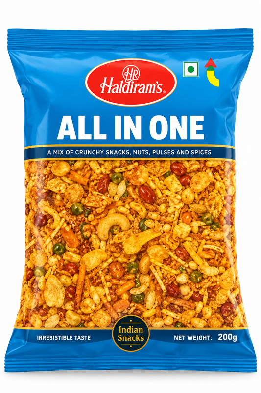 Haldiram’s All In One savoury snack mix in a blue packet, showing a colourful blend of crispy Indian snack pieces.