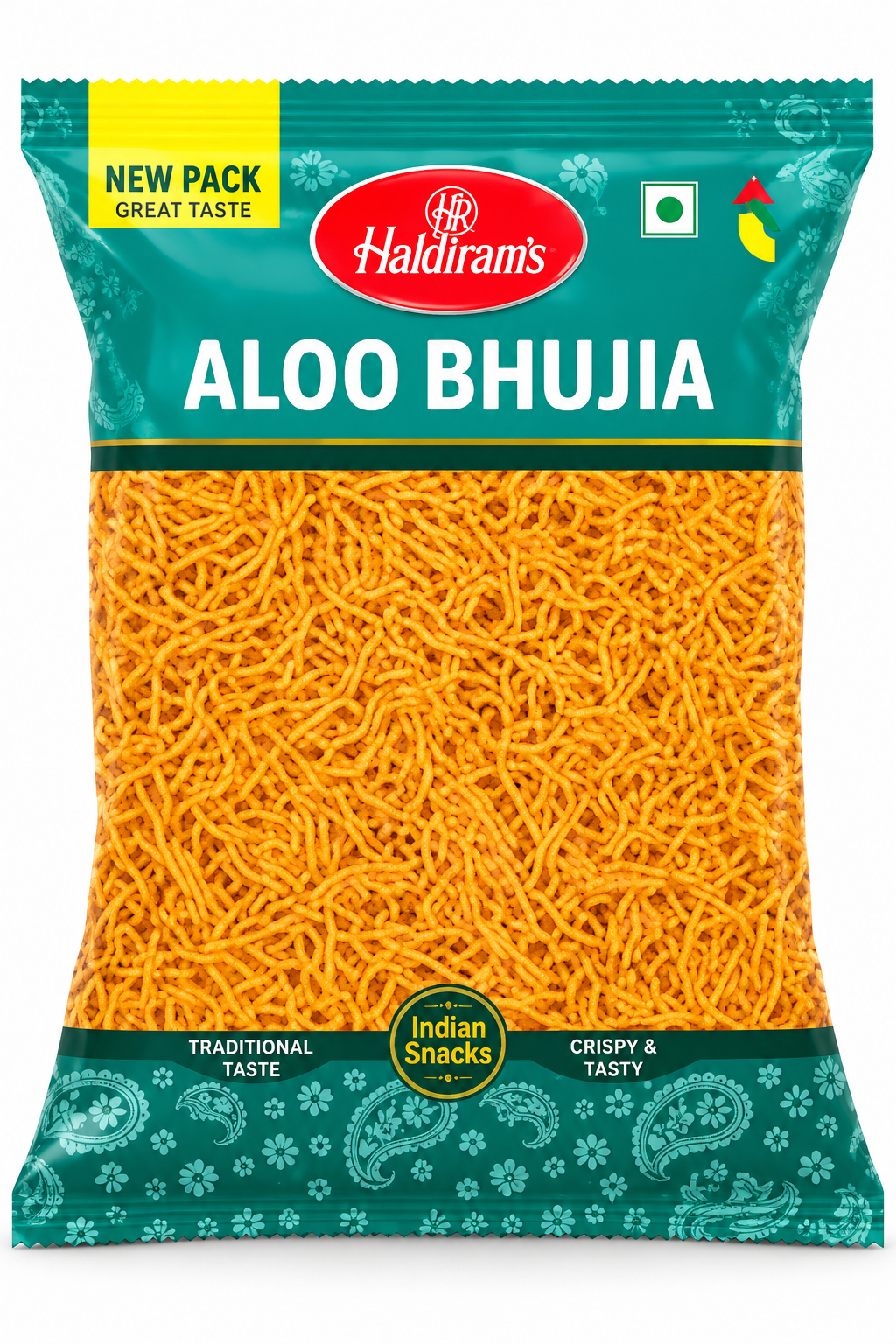Haldiram’s Aloo Bhujia snack packet with teal-green packaging and golden crispy bhujia sev on a white background.