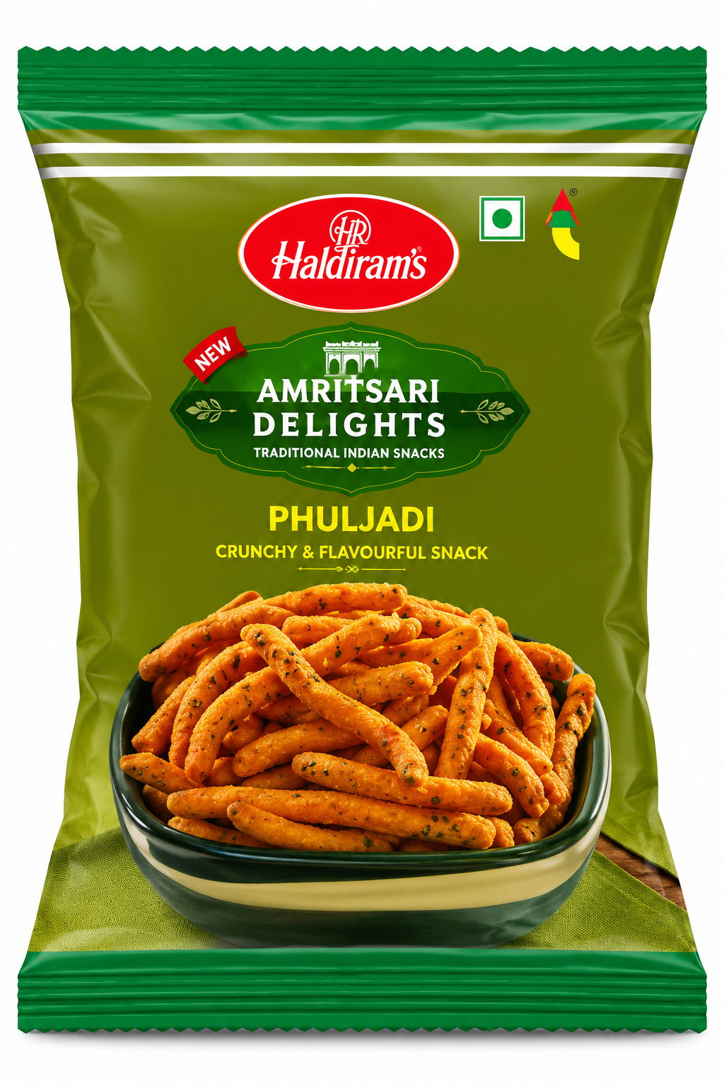 Haldiram’s Amritsari Delights Phuljadi snack packet in olive-green packaging, featuring golden, crunchy seasoned snack sticks.