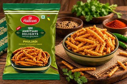Haldiram’s Amritsari Delights Phuljadi snack packet displayed beside a bowl of golden crunchy snack sticks, with green chillies, fresh coriander and spices on a rustic wooden table.