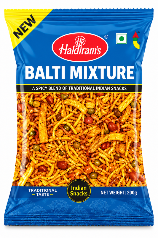 Haldiram’s Balti Mixture savoury snack packet in blue packaging, featuring a crunchy mix of golden sev, peanuts, peas and spicy snack pieces.