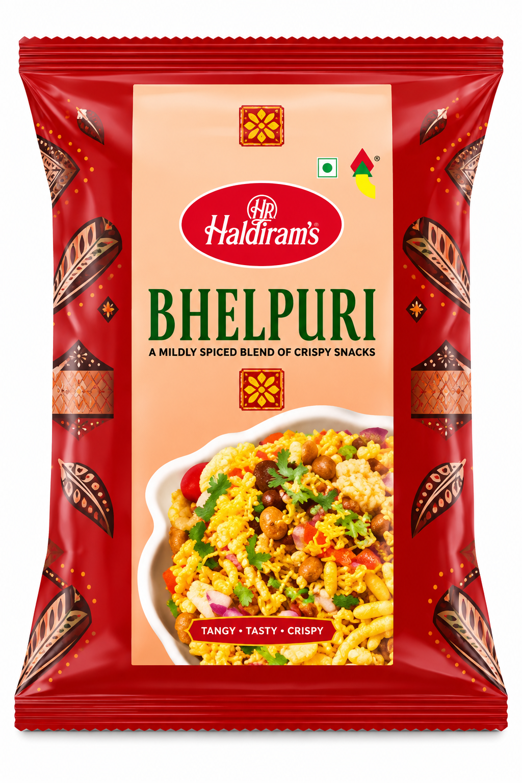 Haldiram’s Bhelpuri snack packet in red and beige packaging, featuring a picture of a colourful bhelpuri snack mix.