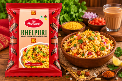 Haldiram’s Bhelpuri snack packet displayed beside a wooden bowl of bhelpuri mix with sev, puffed rice, chopped tomatoes, onions and fresh coriander on a rustic wooden table.