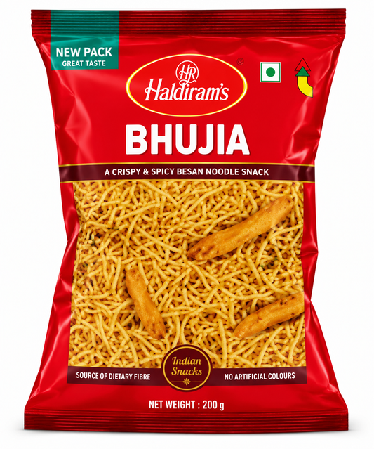 Haldiram’s Bhujia 200g pack – crispy and spicy Indian namkeen snack made with besan (gram flour), featuring thin crunchy noodle-like strands seasoned with traditional Indian spices. Ideal for snacking, serving with tea, adding to chaat, or enjoying as a popular Indian savoury snack. The product comes in Haldiram’s signature red packaging with a clear view of the crispy Bhujia inside.