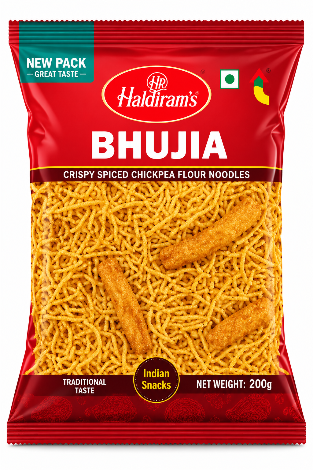 Haldiram’s Bhujia savoury snack packet in red packaging, featuring golden, crispy chickpea flour noodles.