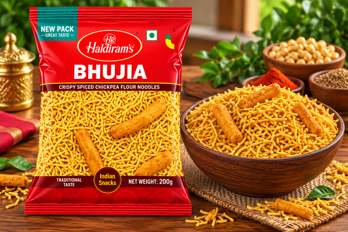 Haldiram’s Bhujia snack packet displayed beside a wooden bowl of golden crispy bhujia on a rustic wooden table with spices and green leaves.