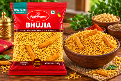 Haldiram’s Bhujia snack packet displayed beside a wooden bowl of golden crispy bhujia on a rustic wooden table with spices and green leaves.