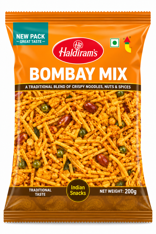 Haldiram’s Bombay Mix savoury snack packet in orange packaging, featuring a crunchy Indian snack mixture with sev, peanuts, peas and spices.