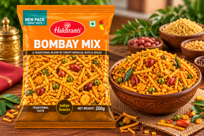 Haldiram’s Bombay Mix snack packet displayed beside a wooden bowl of crunchy Bombay Mix with sev, peanuts, green peas and curry leaves on a rustic wooden table.