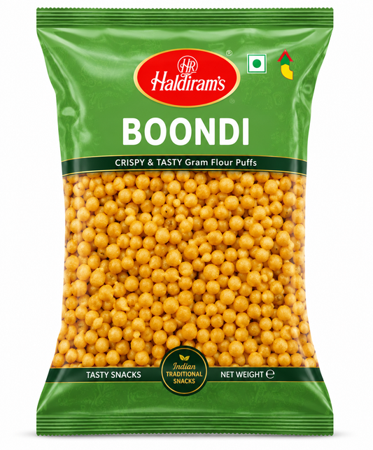Haldiram’s Boondi – Crispy and Tasty Gram Flour Puffs, Traditional Indian Namkeen Snack for Everyday Snacking.