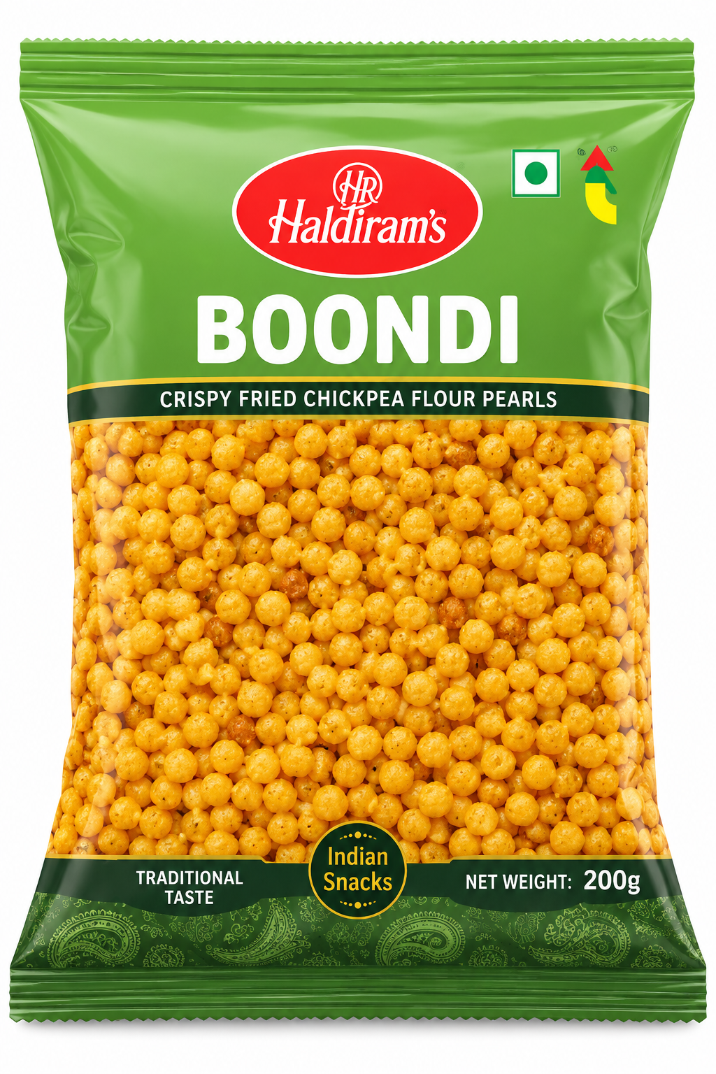 Haldiram’s Boondi snack packet in green packaging, showing small golden boondi pearls through the transparent front.