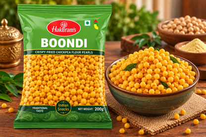Haldiram’s Boondi snack packet displayed beside a bowl of golden boondi on a rustic wooden table with chickpeas, gram flour and fresh green leaves in the background.