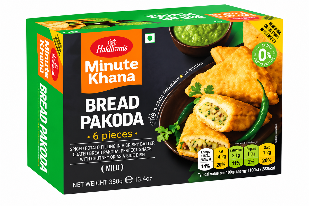 Haldiram's Minute Khana Bread Pakoda 380g green and black product packaging