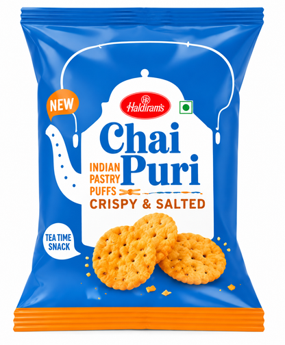 Haldiram's Chai Puri crispy and salted Indian pastry puffs in a blue packet with orange seals on a clean white background