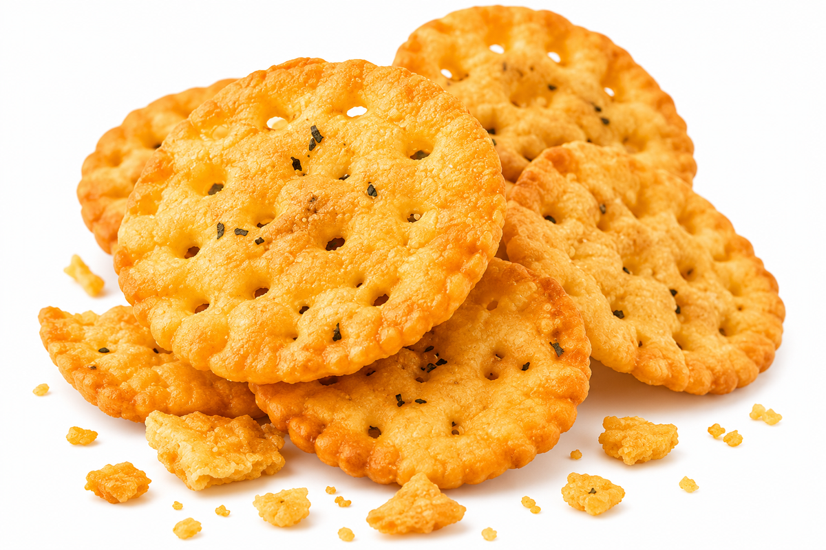 Golden crispy and salted Chai Puri Indian pastry puff crackers arranged in a pile with scattered crumbs on a clean white background
