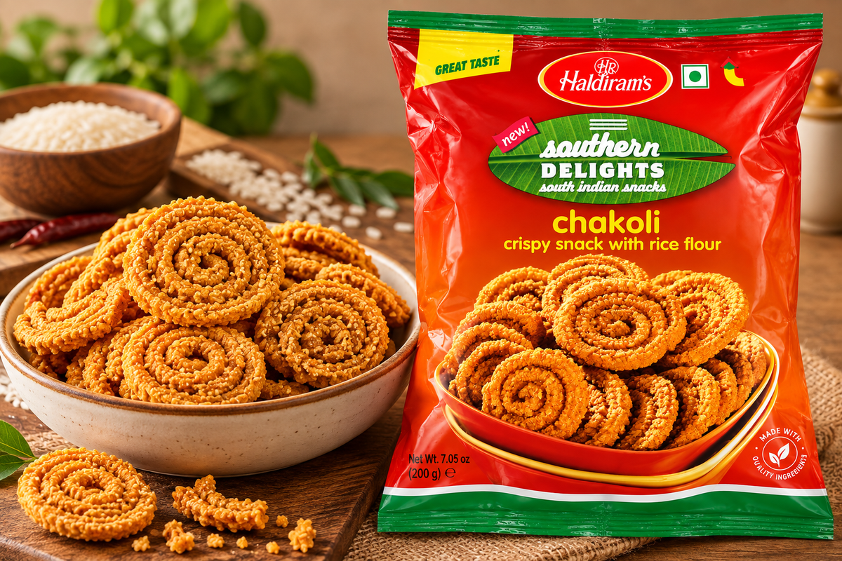 Haldiram’s Southern Delights Chakoli 200g with a bowl of crispy golden rice flour chakoli snacks, rice and spices in a traditional Indian food setting.