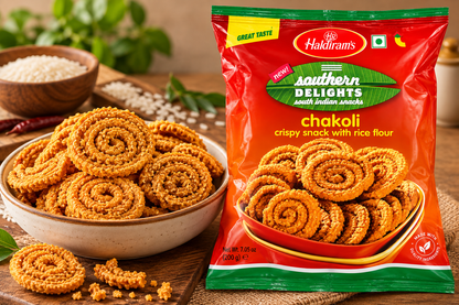 Haldiram’s Southern Delights Chakoli 200g with a bowl of crispy golden rice flour chakoli snacks, rice and spices in a traditional Indian food setting.