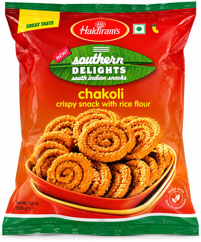 Haldiram’s Southern Delights Chakoli 200g pack, crispy rice flour snack with golden spiral chakoli pieces.