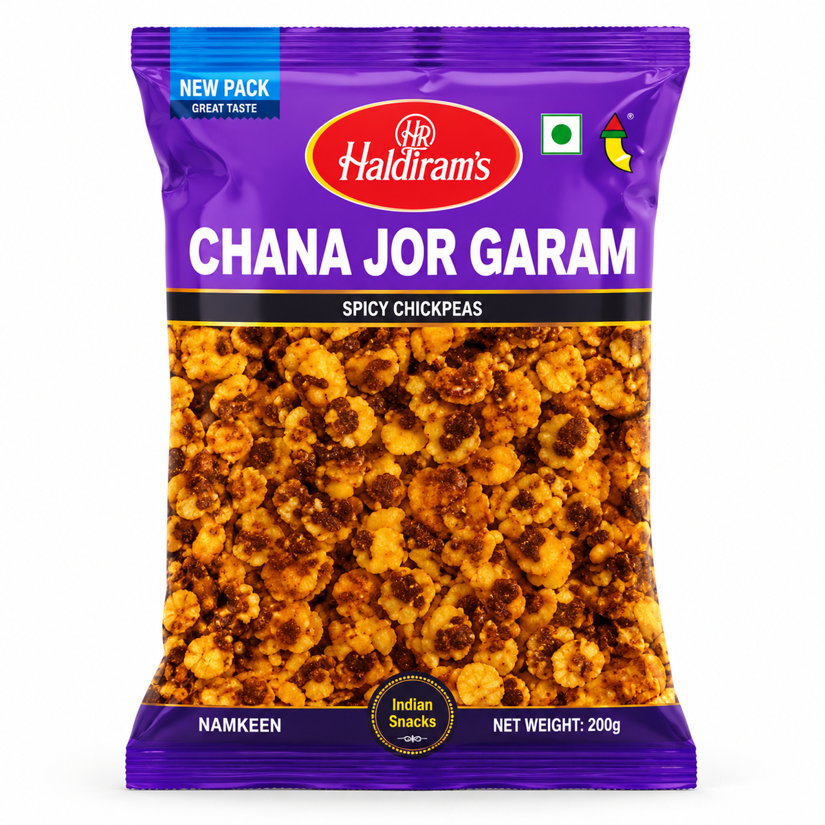 Haldiram’s Chana Jor Garam savoury snack packet in purple packaging, featuring crispy, spiced chickpea flakes.