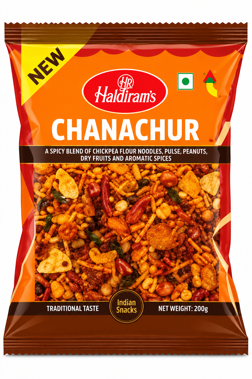 Haldiram’s Chanachur savoury snack packet in orange and brown packaging, featuring a spicy crunchy mixture of noodles, pulses and peanuts.