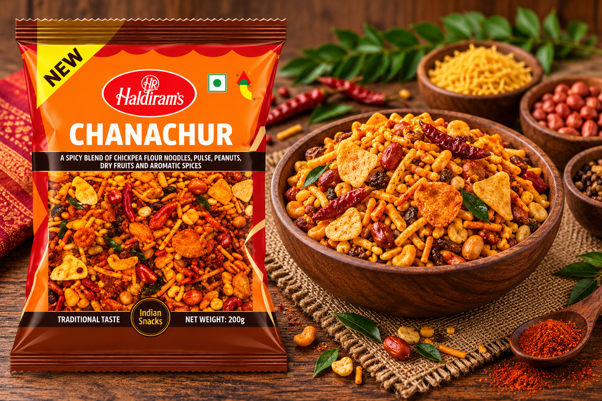 Haldiram’s Chanachur snack packet displayed beside a wooden bowl of crunchy savoury mixture with noodles, peanuts, pulses and spices on a rustic wooden table.