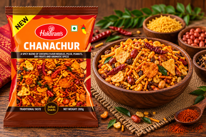Haldiram’s Chanachur snack packet displayed beside a wooden bowl of crunchy savoury mixture with noodles, peanuts, pulses and spices on a rustic wooden table.
